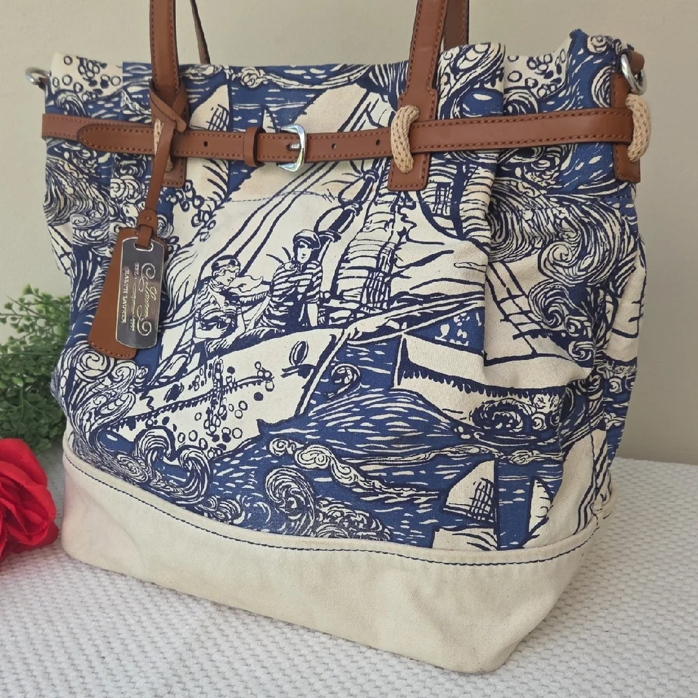 Lauren Ralph Lauren Nautical Sailors Canvas Leather Crossbody Satchel Purse Bag - Picture 2 of 14
